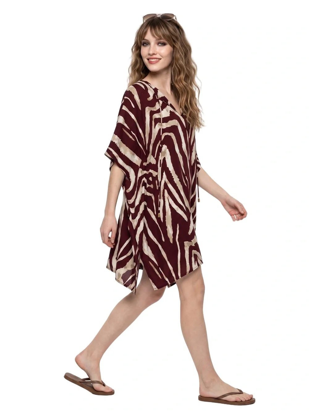 SOHO Brown Cream Zebra Print Kaftan mini dress V neck Short sleeve Resortwear LG - Picture 9 of 9